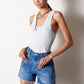 High Rise Trim Midi Stretch Denim Shorts