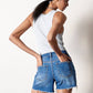 High Rise Trim Midi Stretch Denim Shorts
