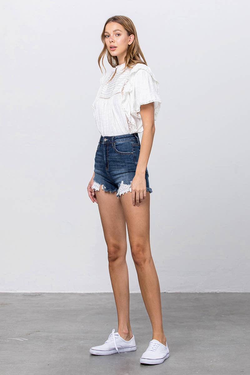 High Rise Stretch Frayed Hem Lace Line Trim Denim Shorts