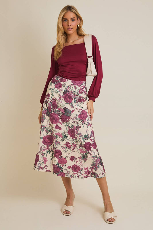 FLARE HEM FLORAL MIDI SKIRT