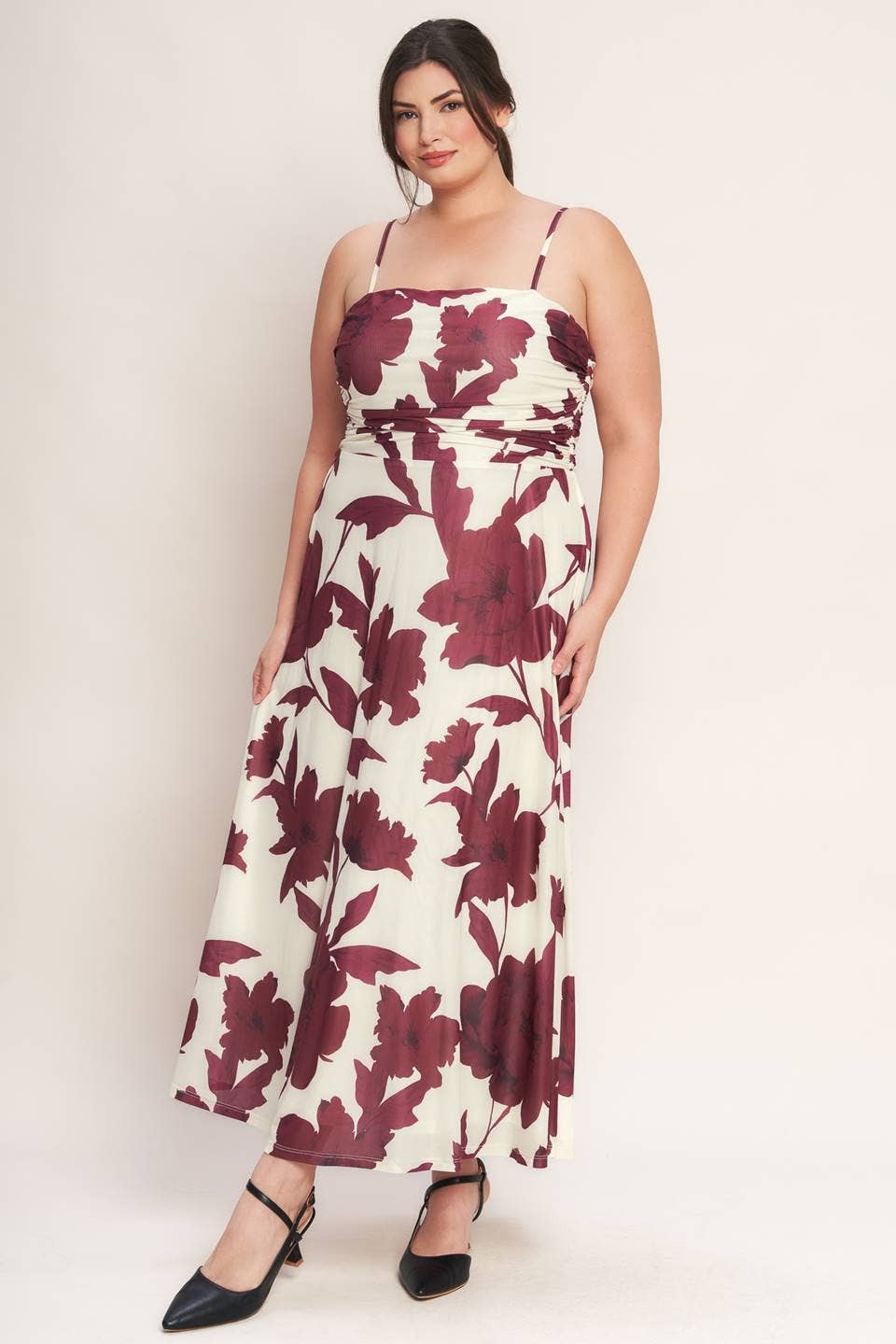 Plus Maroon Floral Mesh Midi Dress