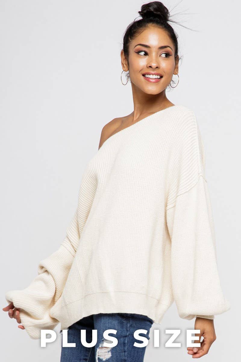 BOAT NECK BUBBLE SLEEVE PLUS SIZE SWEATER PLUS