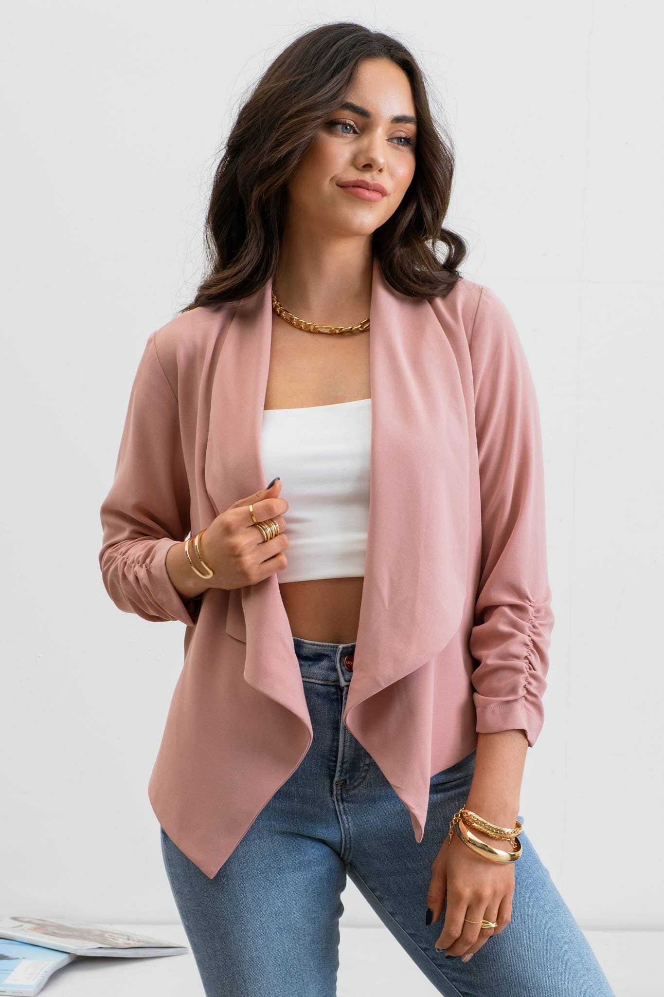 3/4 ROUCHED SLEEVE BLAZER