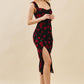 SWEETHEART BUSTIER ROSE PRINT MIDI DRESS