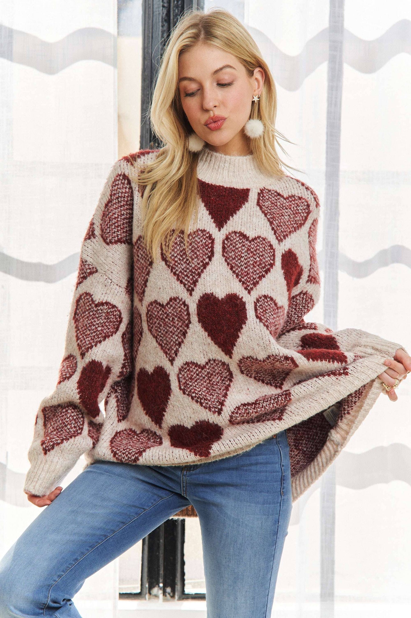 MOCK NECK HEART PRINT PULLOVER SWEATER