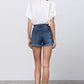 High Rise Stretch Frayed Hem Lace Line Trim Denim Shorts