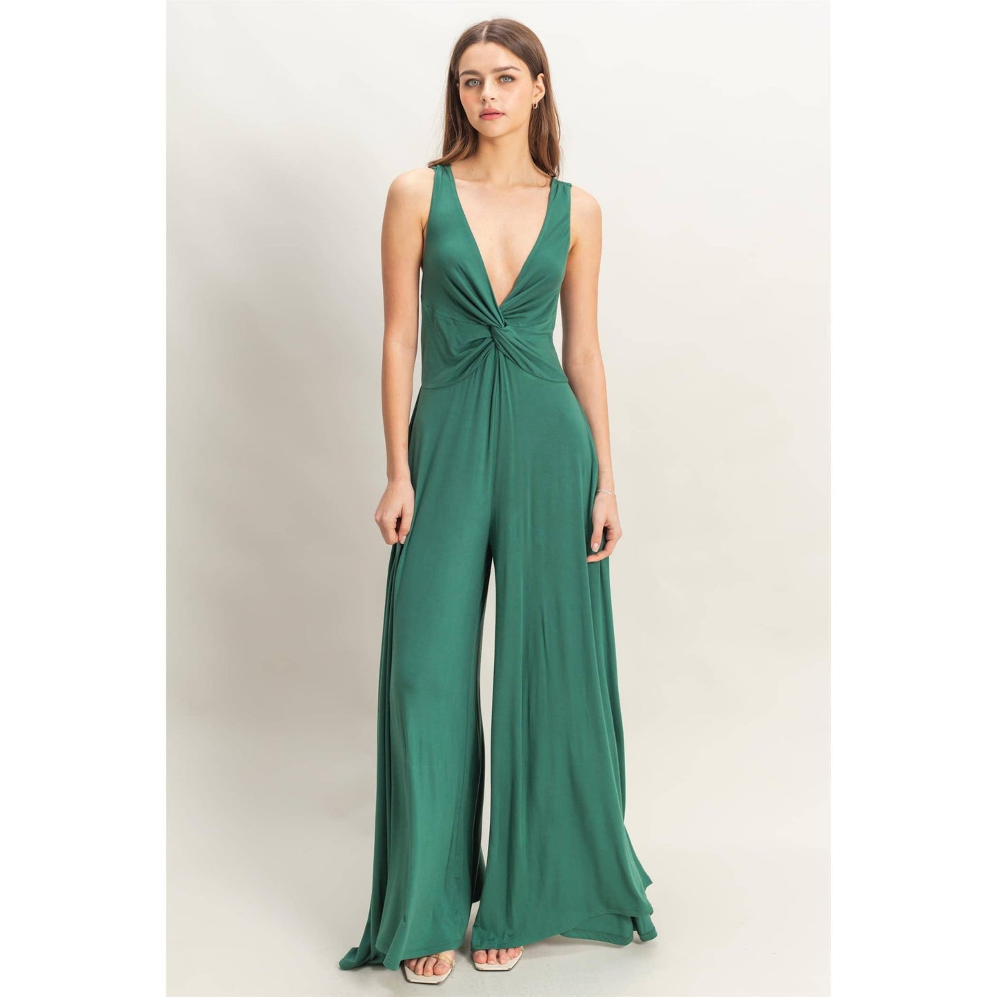 HF25C959-Knotted Bust Sleeveless Jersey Jumpsuit