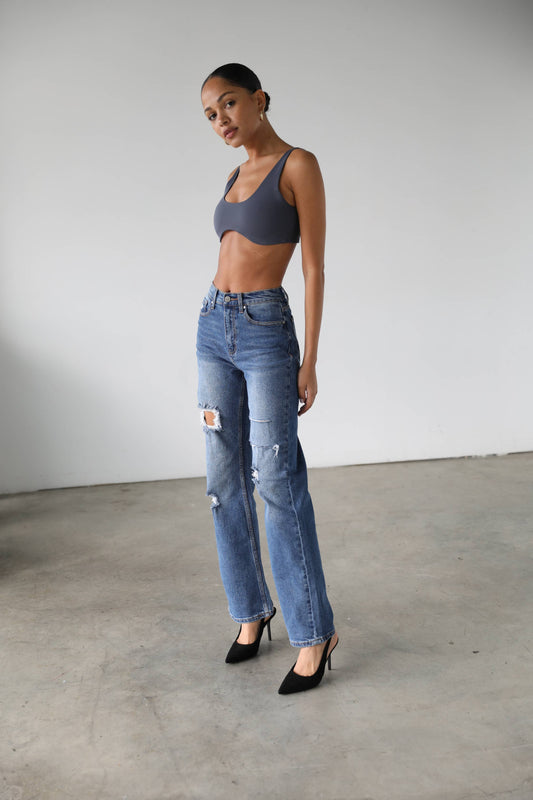 High Rise Straight Leg Denim Jeans - Dark- 7106