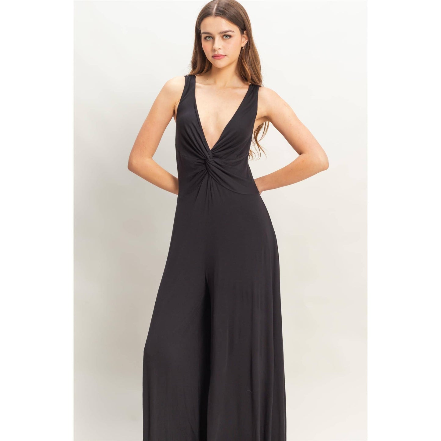 HF25C959-Knotted Bust Sleeveless Jersey Jumpsuit
