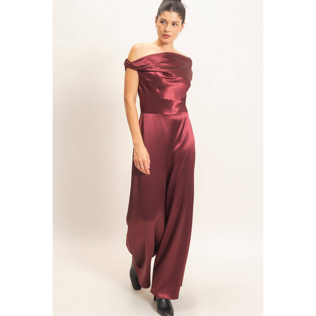 Asymmetrical Cowl Neck Wide Leg Jumpsuit