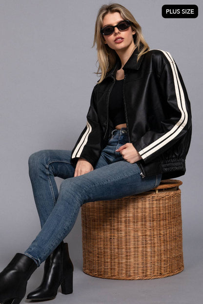 [PLUS SIZE] Long Sleeve Line Detail Faux Leather Jacket
