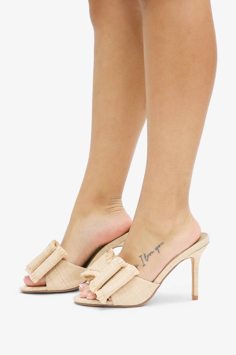 BEACH HOUSE - Raffia Bow Mules, Woven Finish, Stiletto Heel