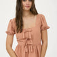 FRONT BOW DETAIL PUFF SLEEVE PEPLUM TOP