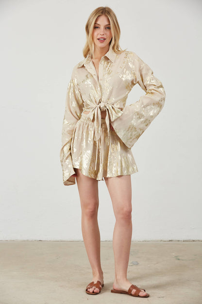 Gold Foil Bell Sleeve Tie Front Woven Top Set