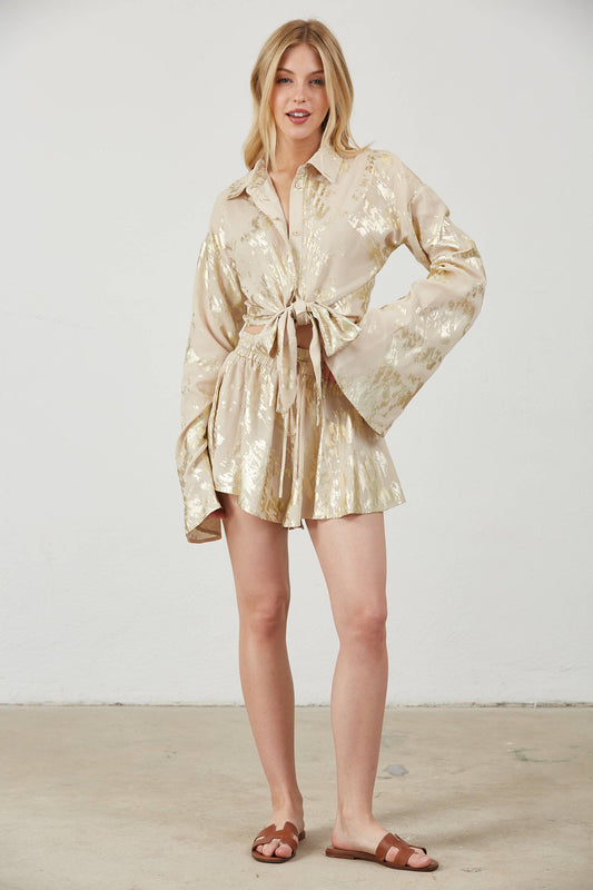 Gold Foil Bell Sleeve Tie Front Woven Top Set