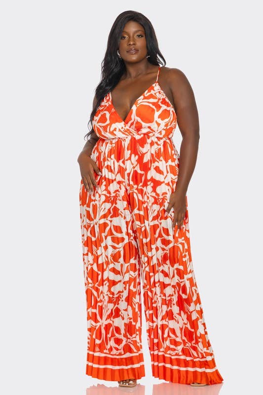 BCCJ71690 PLUS   Suspender Print Pleated Jumpsuit