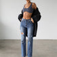 High Rise Straight Leg Denim Jeans - Dark- 7106