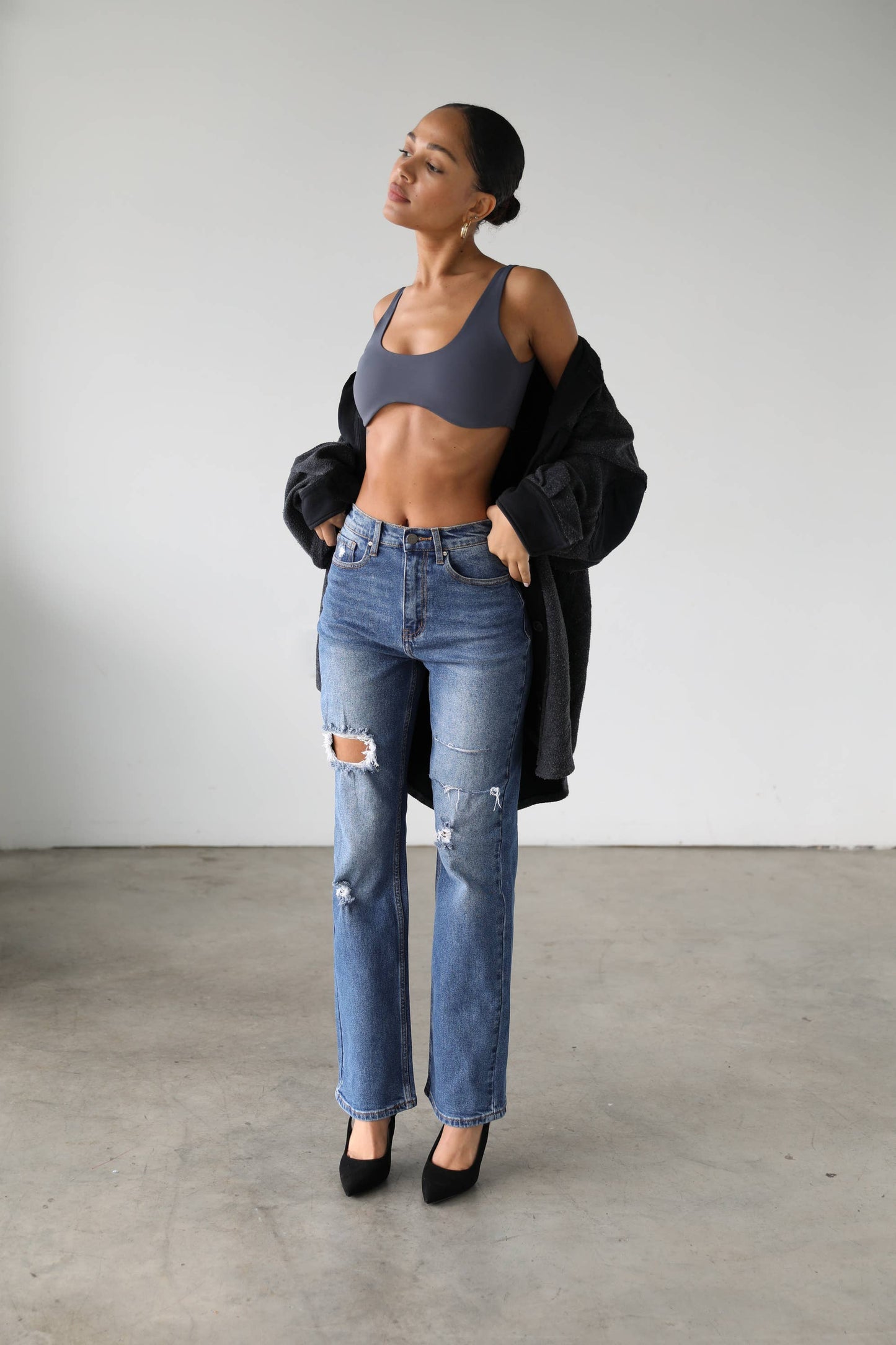 High Rise Straight Leg Denim Jeans - Dark- 7106