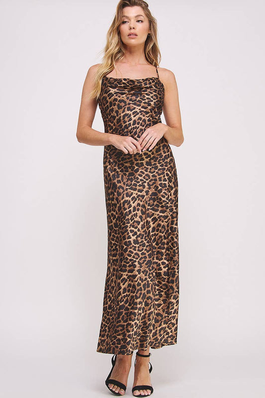 Savage Nights Leopard Satin Maxi Slip Dress
