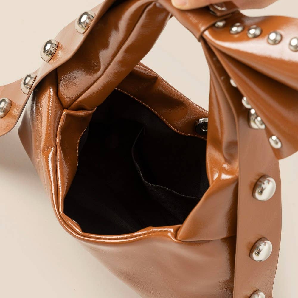 Ribbon Bow Grommeted Faux Leather Hand Bag