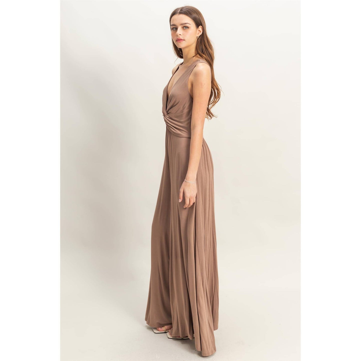 HF25C959-Knotted Bust Sleeveless Jersey Jumpsuit