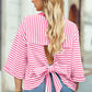 Stripe Bowknot Cutout Back Drop Shoulder Wide Bracelet Tee