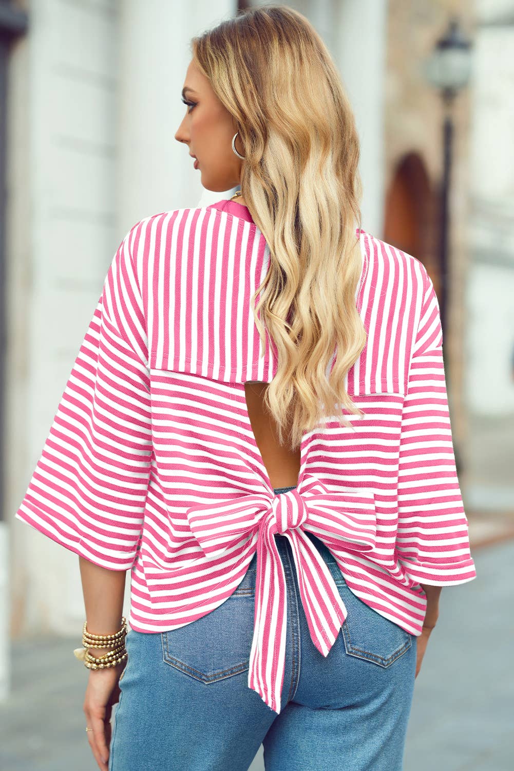 Stripe Bowknot Cutout Back Drop Shoulder Wide Bracelet Tee