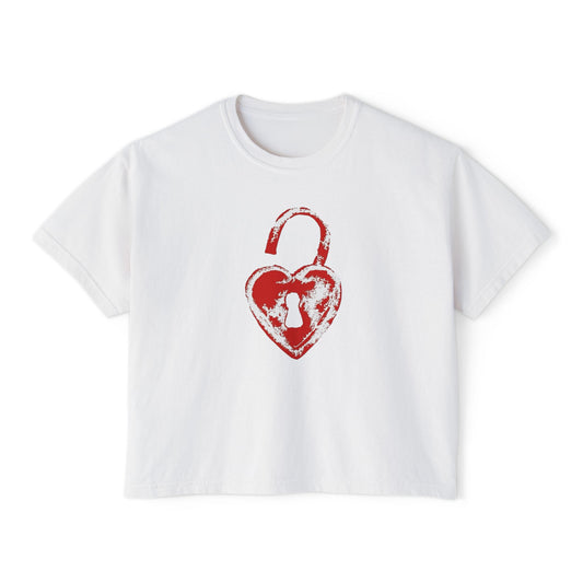 Heart Lock Boxy Tee — Vintage Red Padlock Graphic Women's Crop Top
