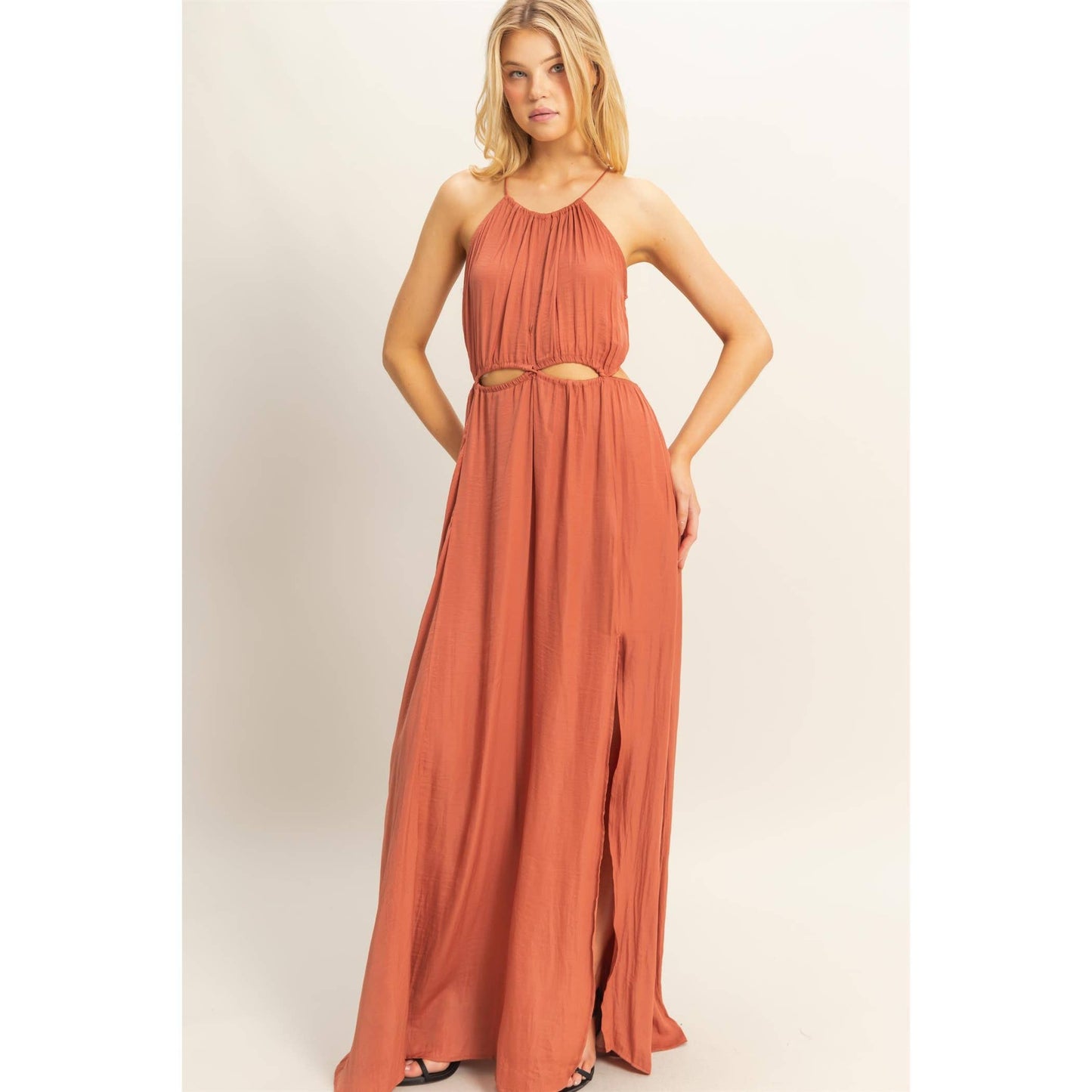 HF25E129-Side Cutout Side Slit Maxi Dress
