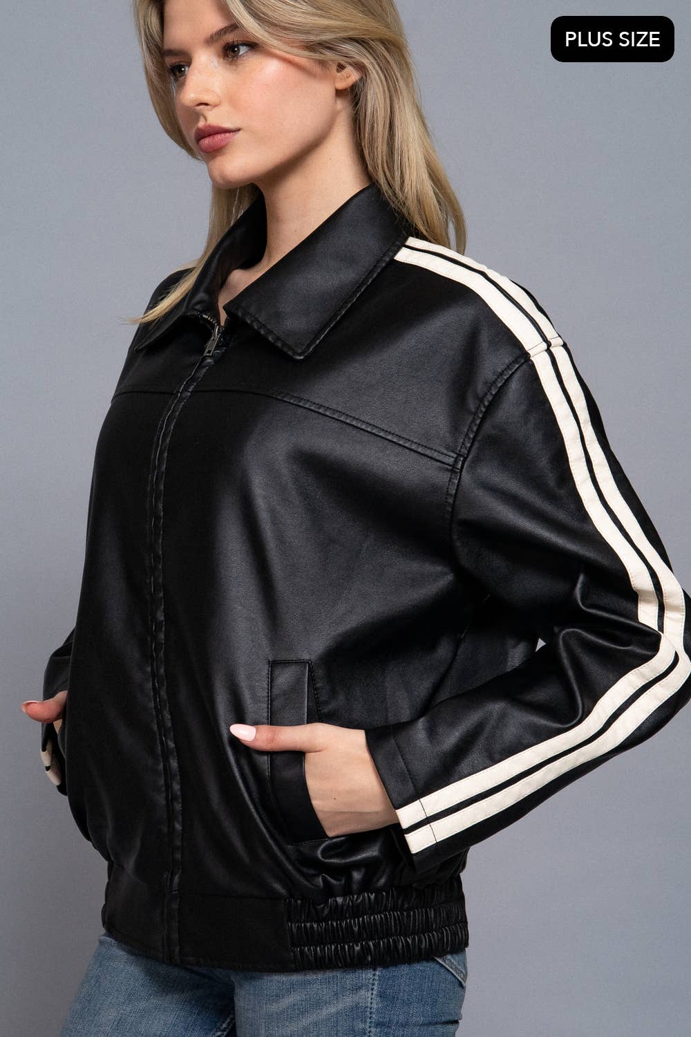 [PLUS SIZE] Long Sleeve Line Detail Faux Leather Jacket