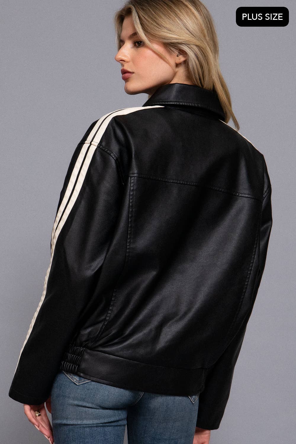 [PLUS SIZE] Long Sleeve Line Detail Faux Leather Jacket
