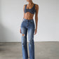High Rise Straight Leg Denim Jeans - Dark- 7106