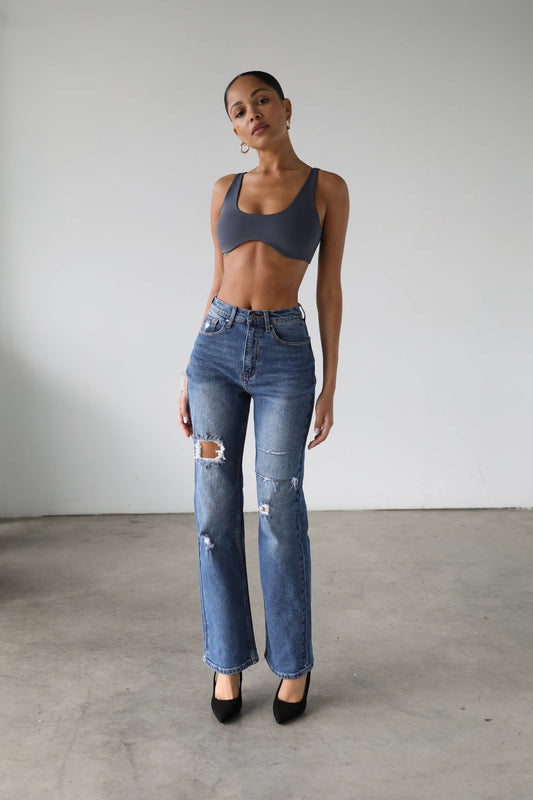 High Rise Straight Leg Denim Jeans - Dark- 7106