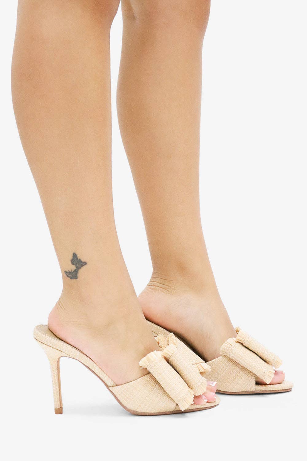 BEACH HOUSE - Raffia Bow Mules, Woven Finish, Stiletto Heel