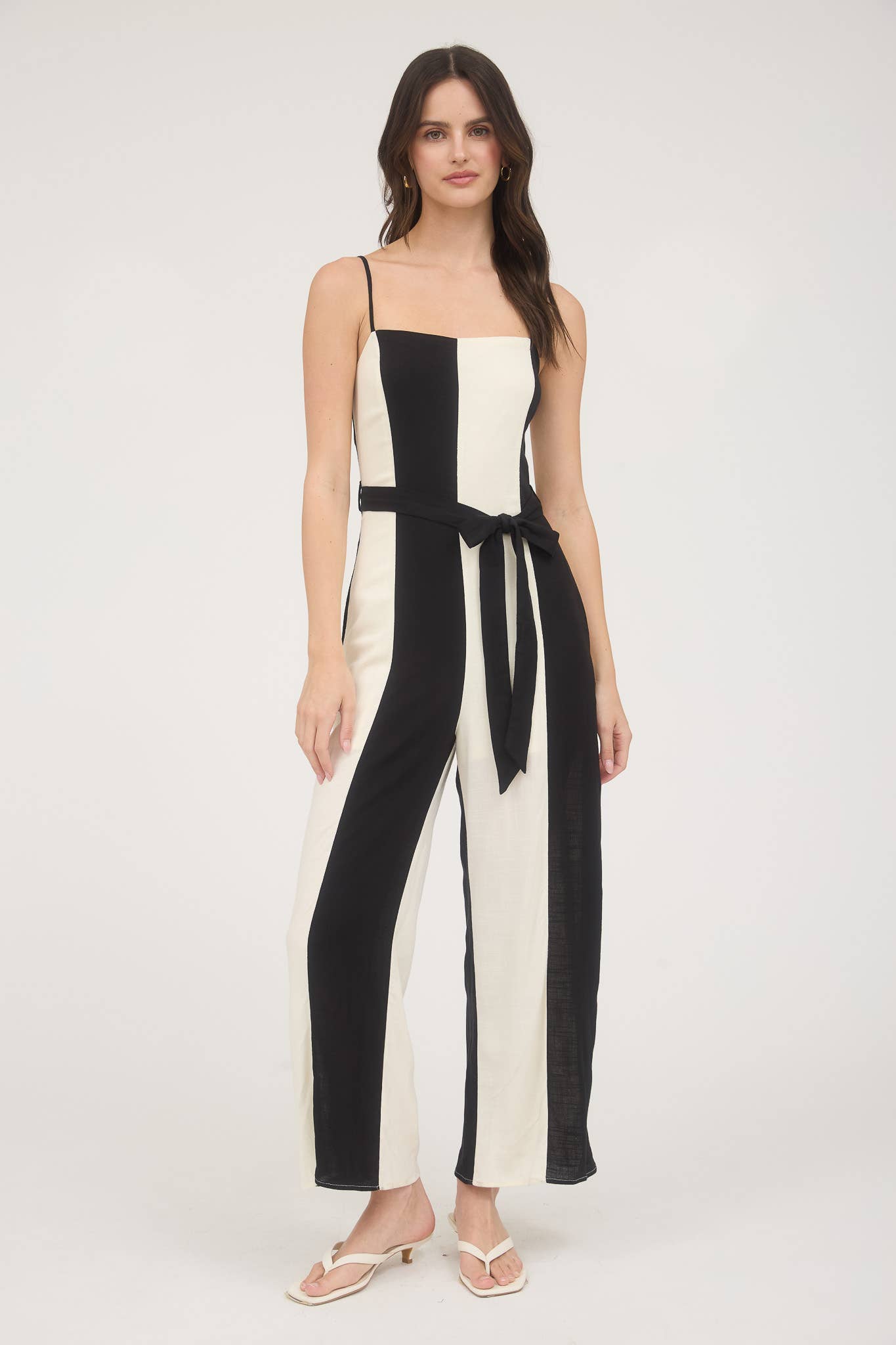 WIDE STRIPE SPAGHETTI STRAP BELTED JUMPSUIT
