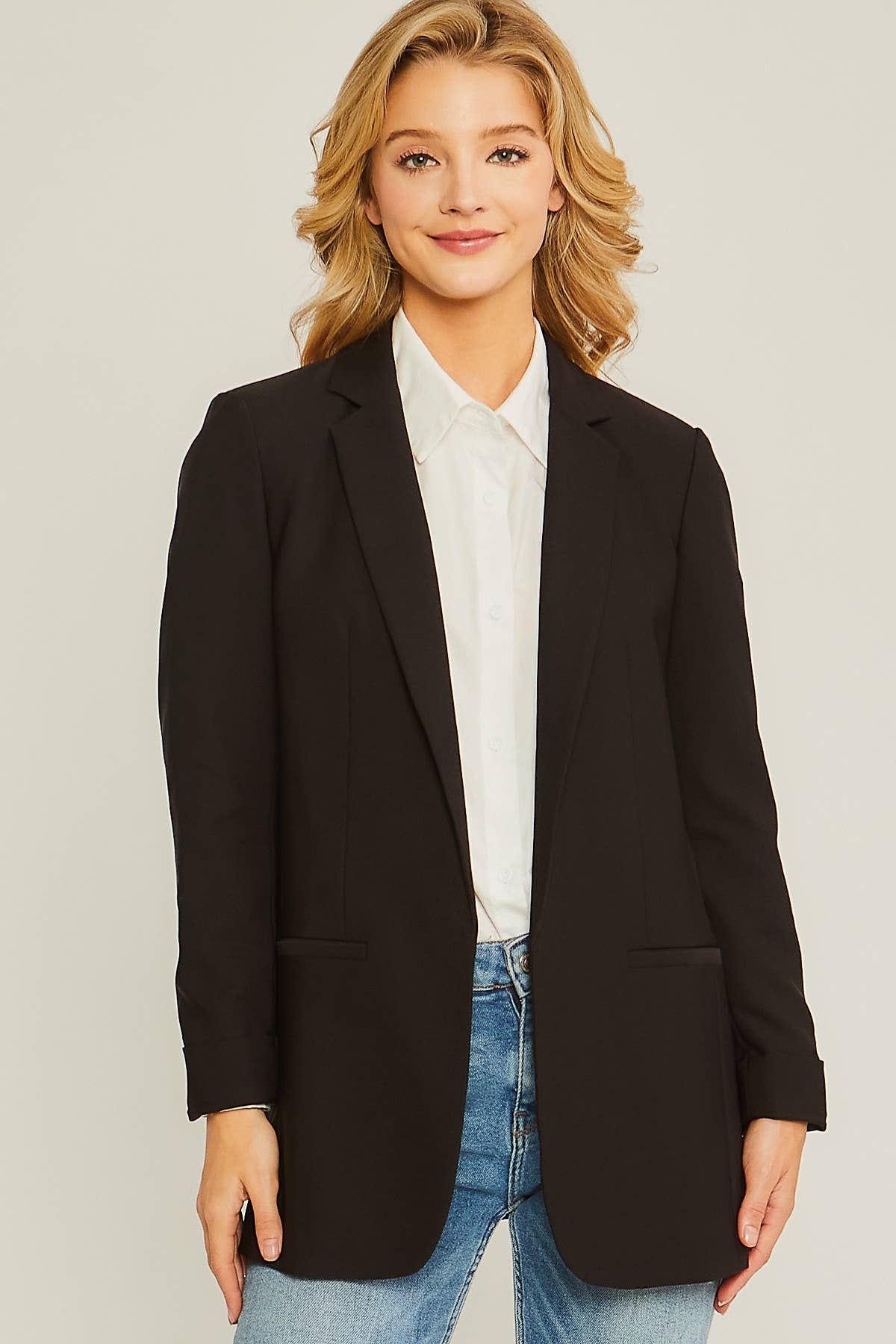`"._ Woven Solid Classic Blazer