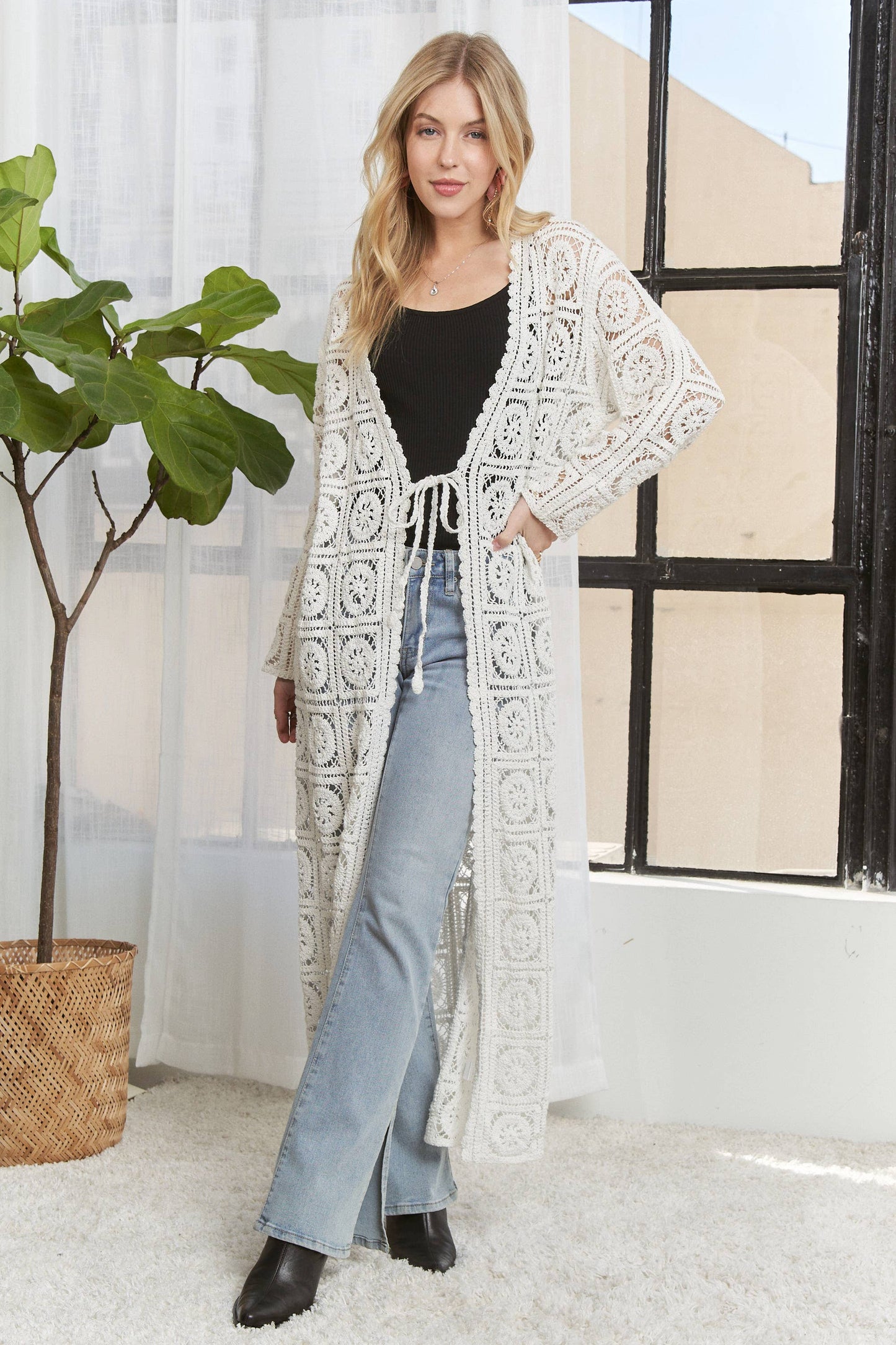 CESW3831- LONG SLEEVES CROCHET ELASTIC CARDIGAN