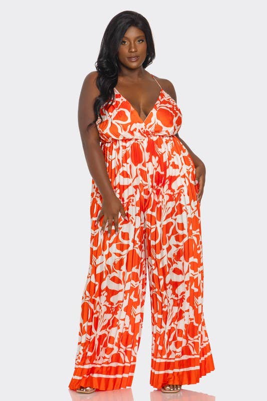 BCCJ71690 PLUS   Suspender Print Pleated Jumpsuit