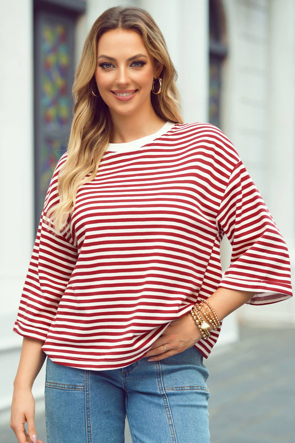 Stripe Bowknot Cutout Back Drop Shoulder Wide Bracelet Tee