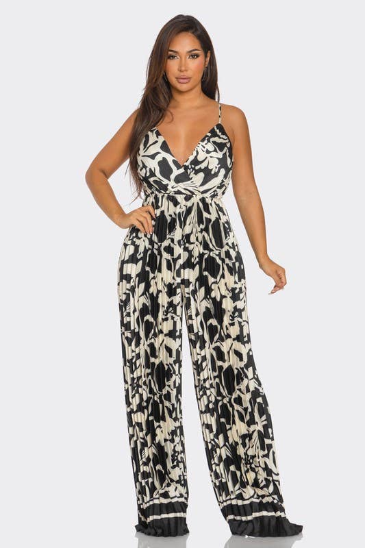 BCCJ71690  Suspender Print Pleated Jumpsuit