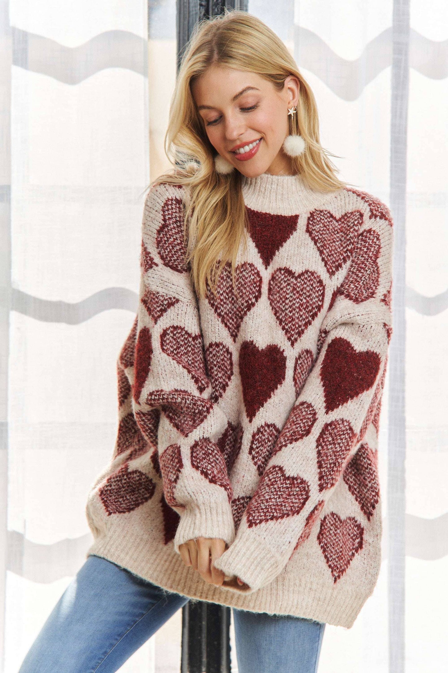MOCK NECK HEART PRINT PULLOVER SWEATER