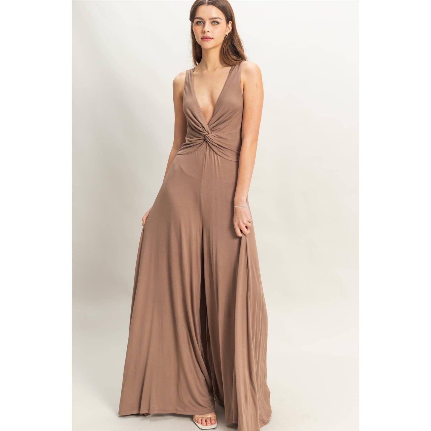 HF25C959-Knotted Bust Sleeveless Jersey Jumpsuit