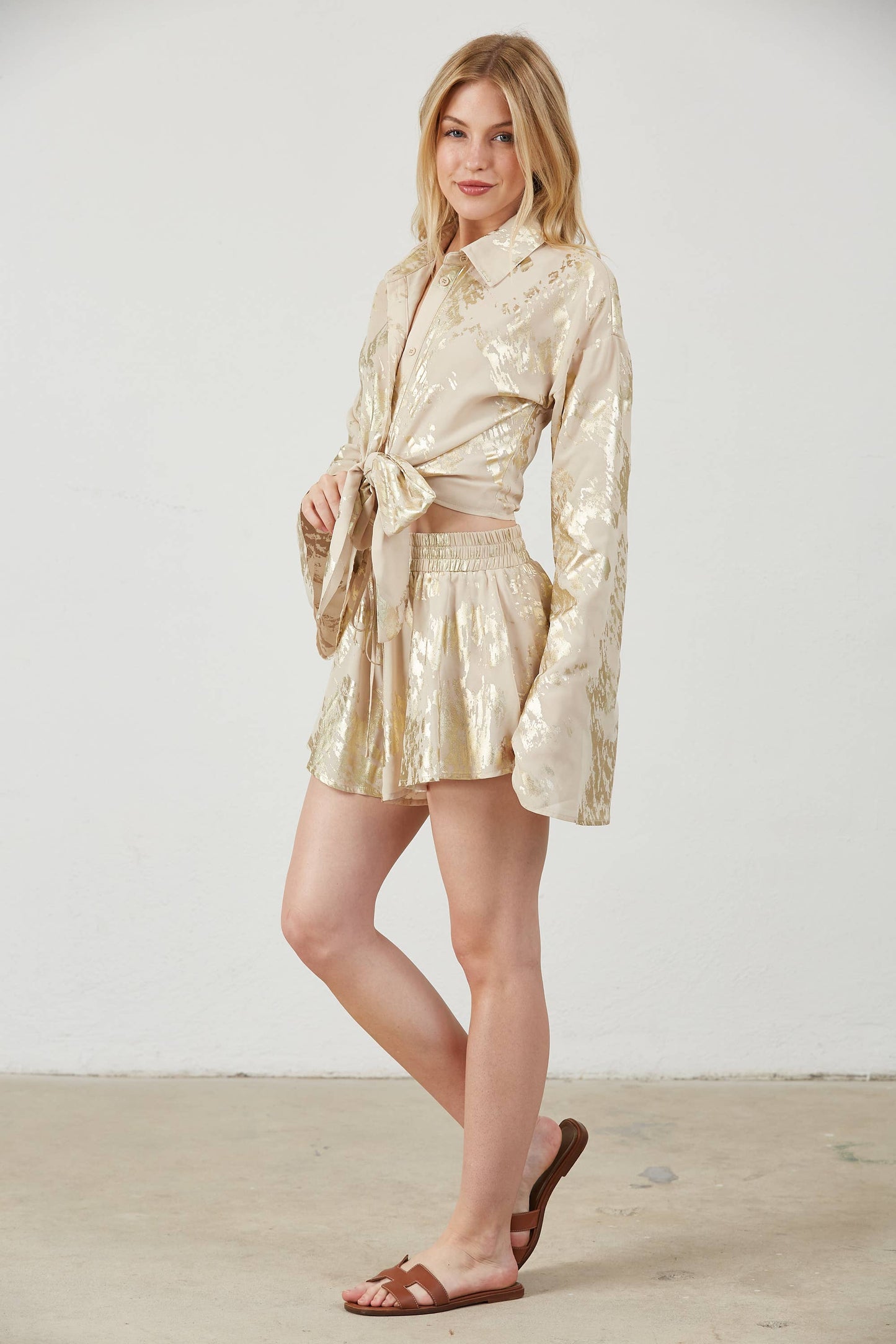 Gold Foil Bell Sleeve Tie Front Woven Top Set