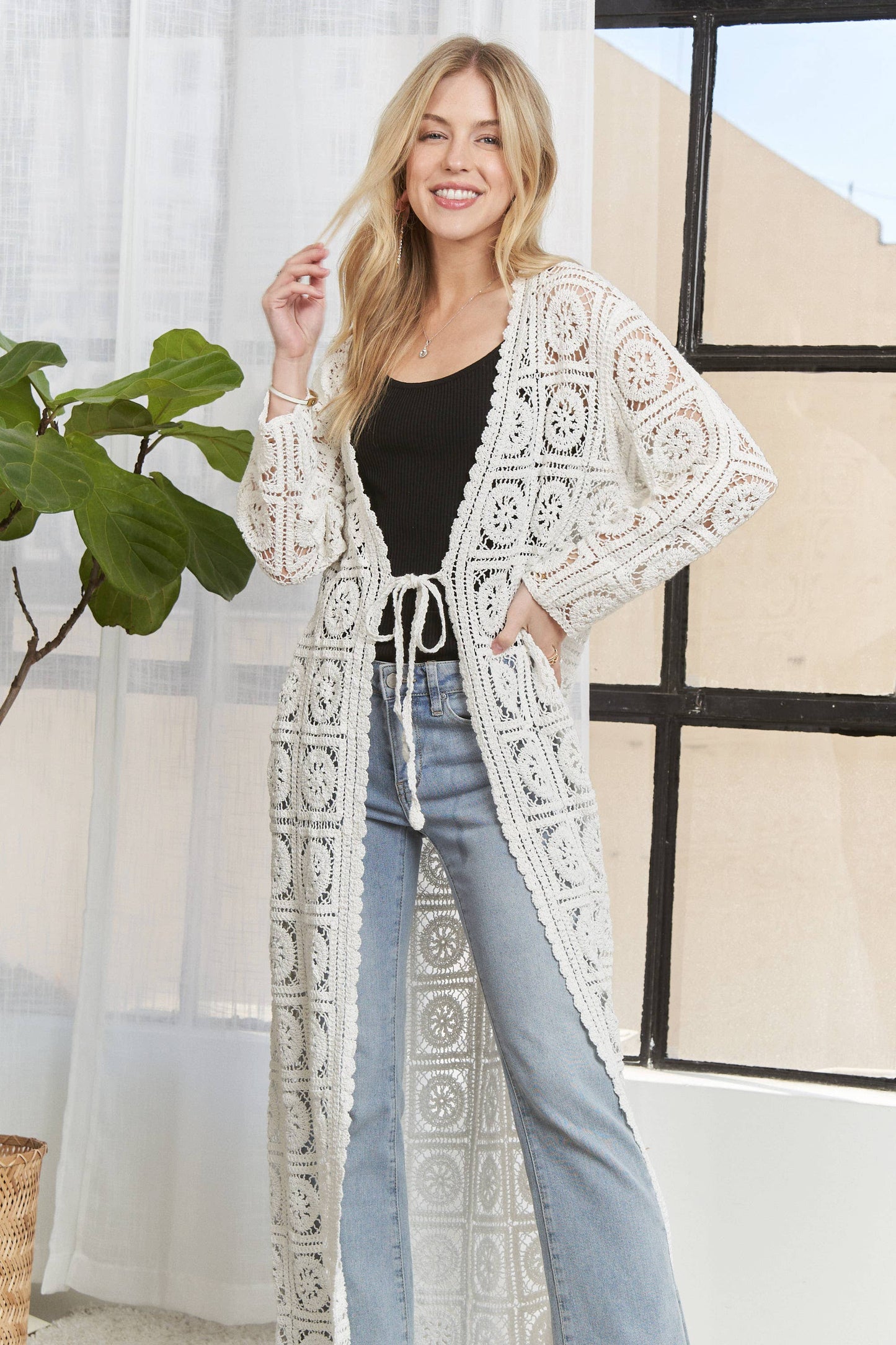 CESW3831- LONG SLEEVES CROCHET ELASTIC CARDIGAN