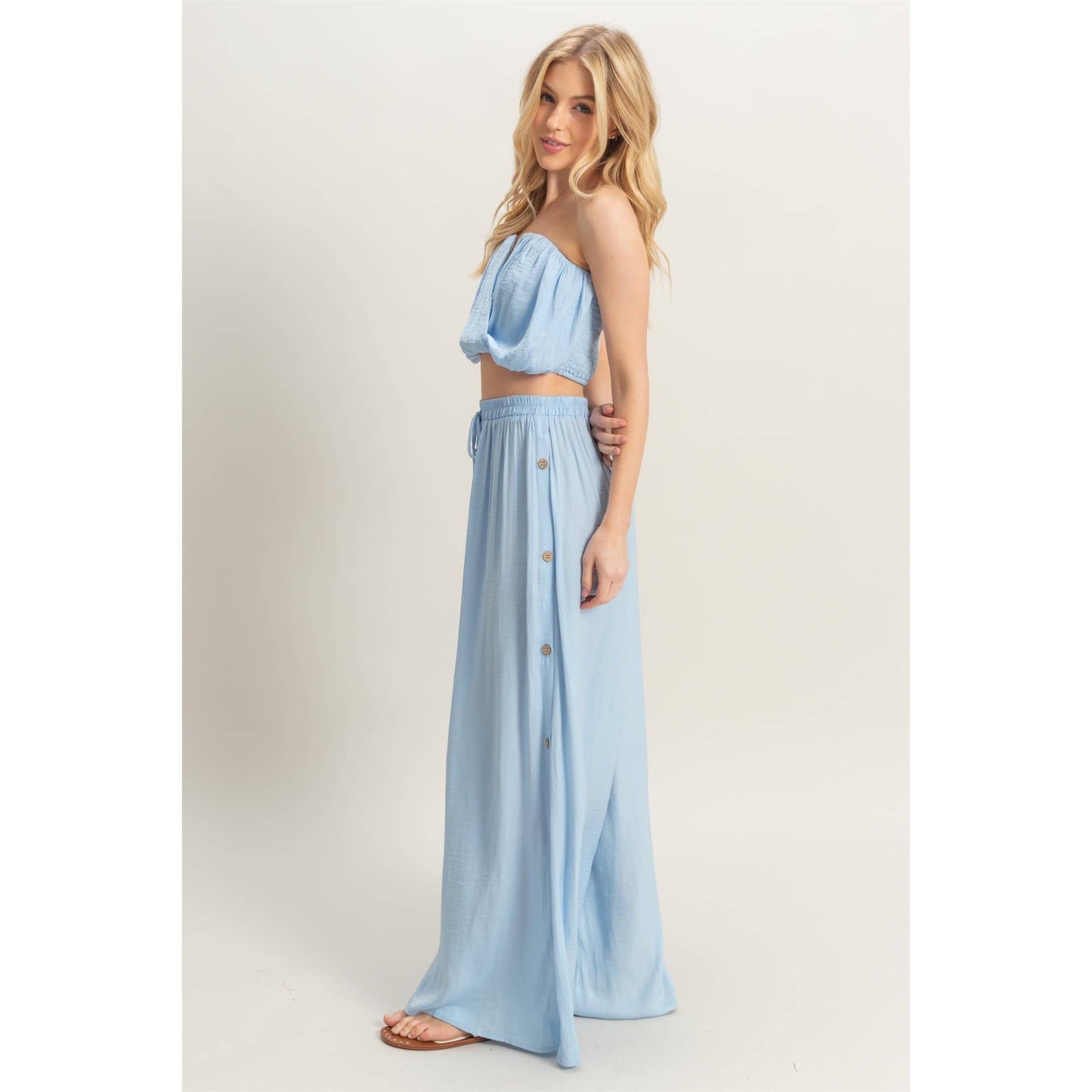 HF25E001-SET-Ruched Top And High Waist Pants Set