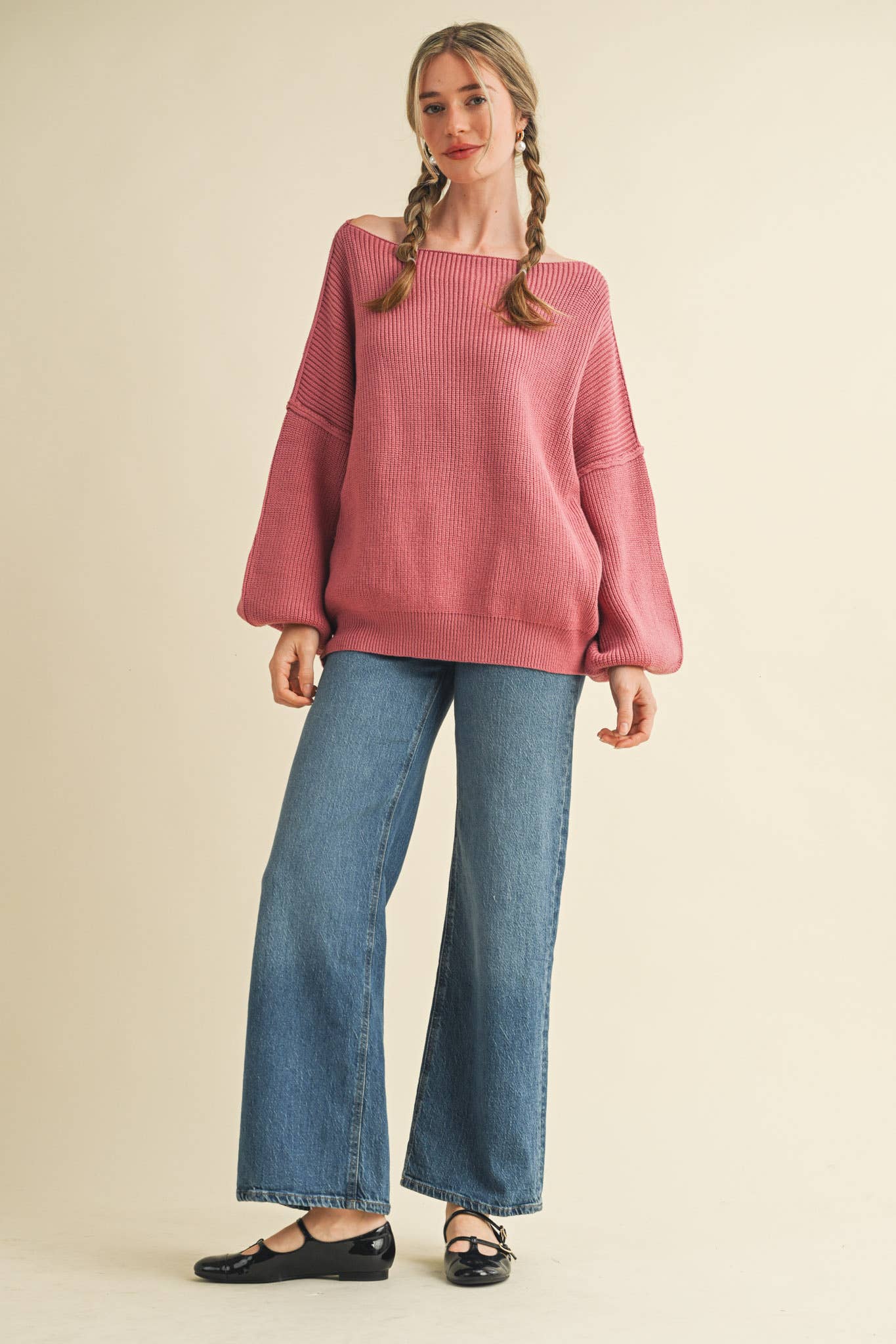 BOAT NECK BUBBLE SLEEVE SWEATER