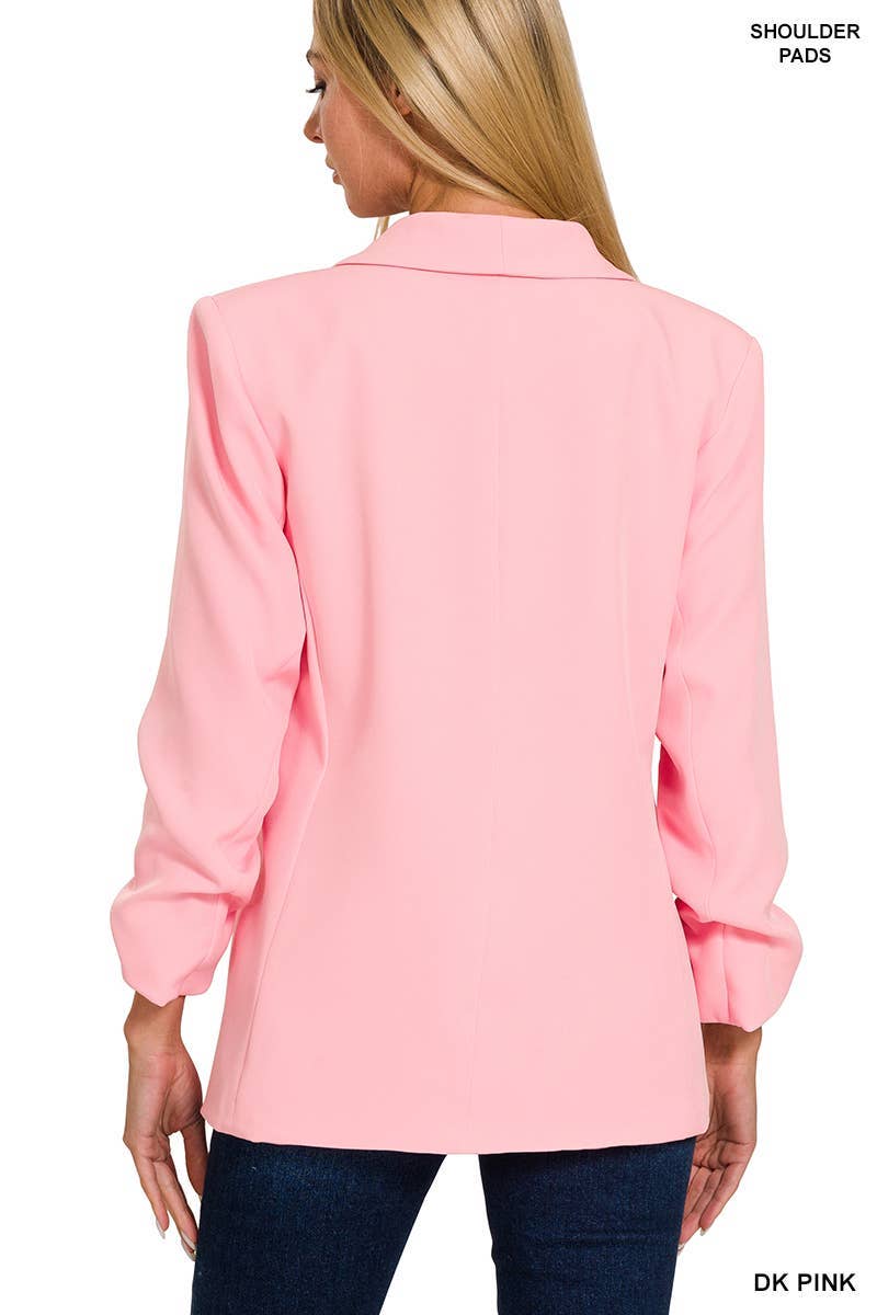 Woven 3/4 Ruched Sleeve Open Front Classic Blazer