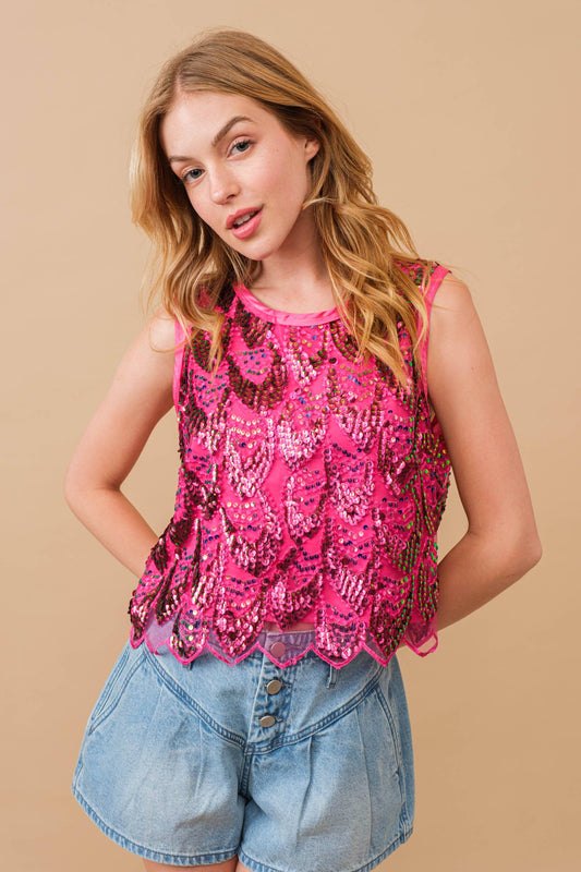 34313T - Embellished Sequin Scallop Crop Top