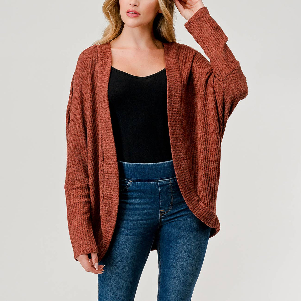 Brushed Waffle Knit Cocoon Shape Cardigan, J746