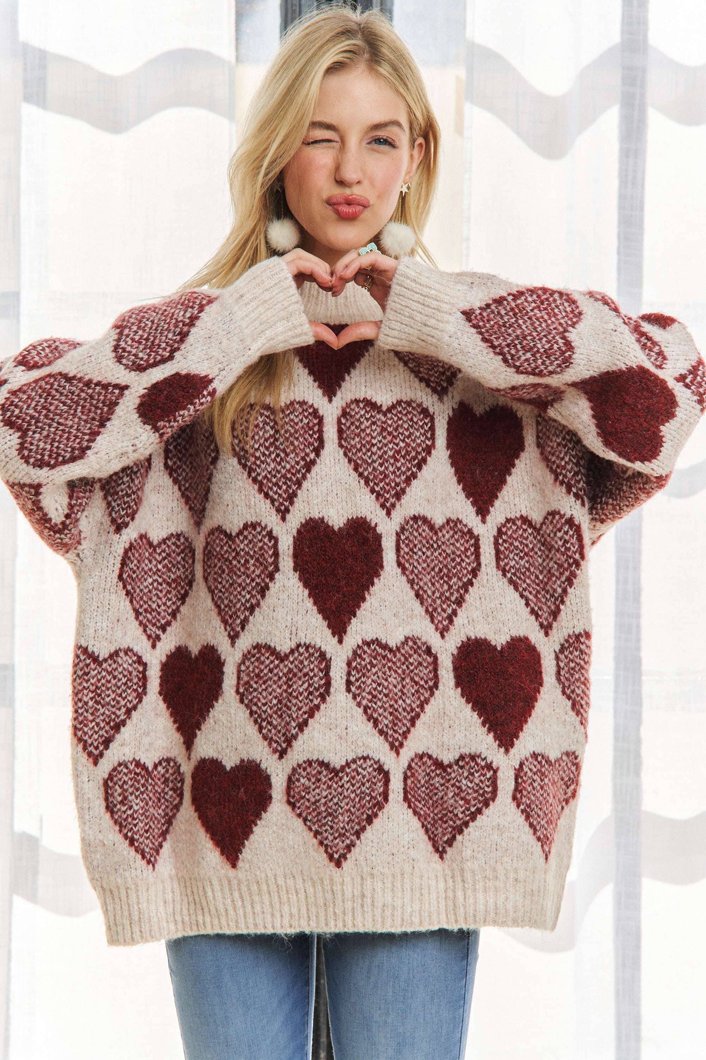 MOCK NECK HEART PRINT PULLOVER SWEATER